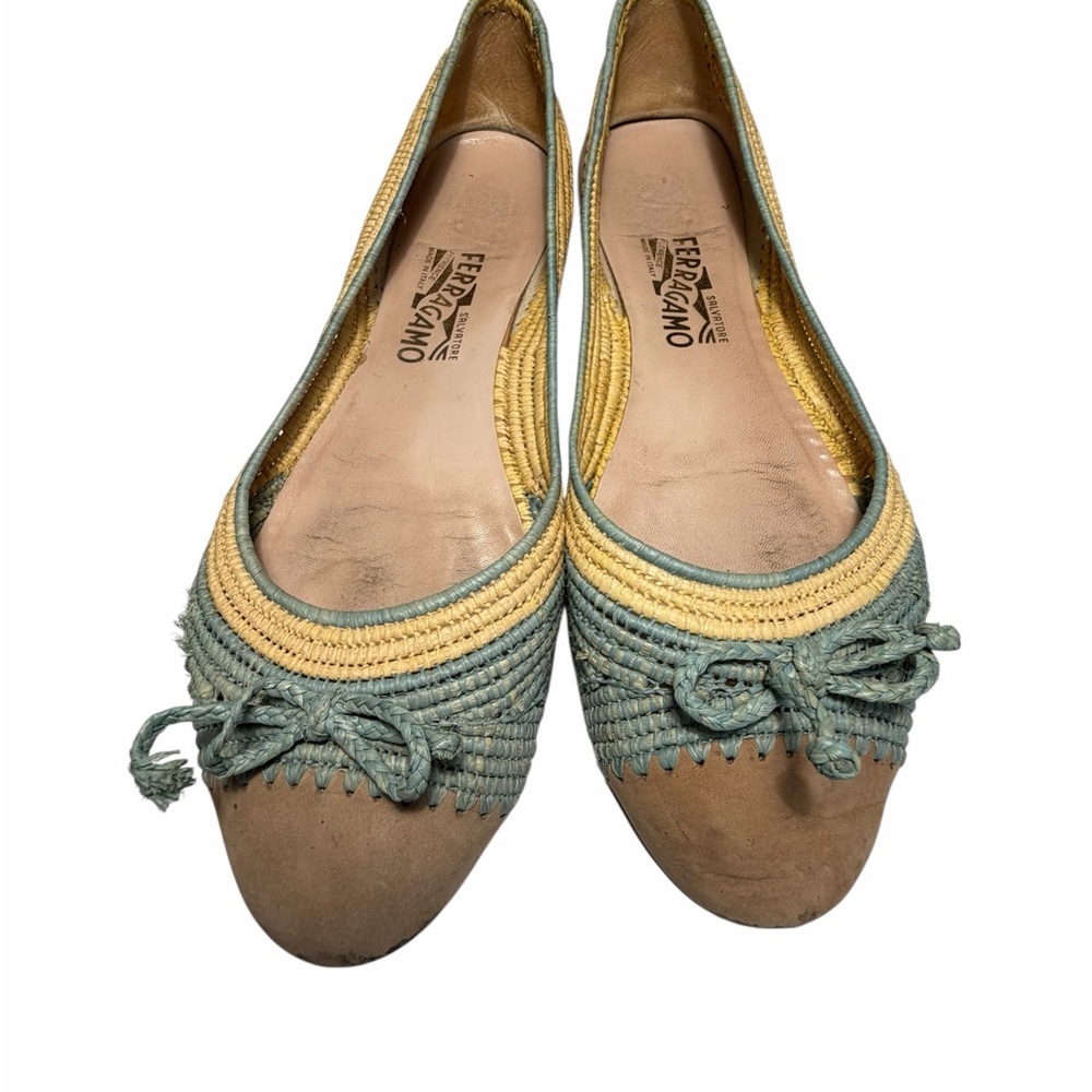 Salvatore Ferragamo tricolor Raffia Green & Tan Bow Ballet Flats Sz 10M - Picture 2 of 16